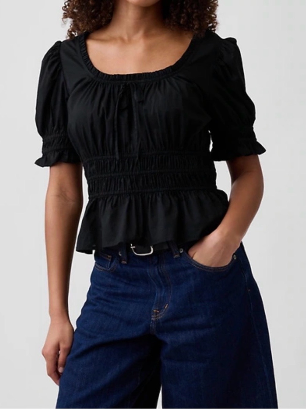 Love Tree Black Smocked Peplum Puff Sleeve Top (SKU804)
